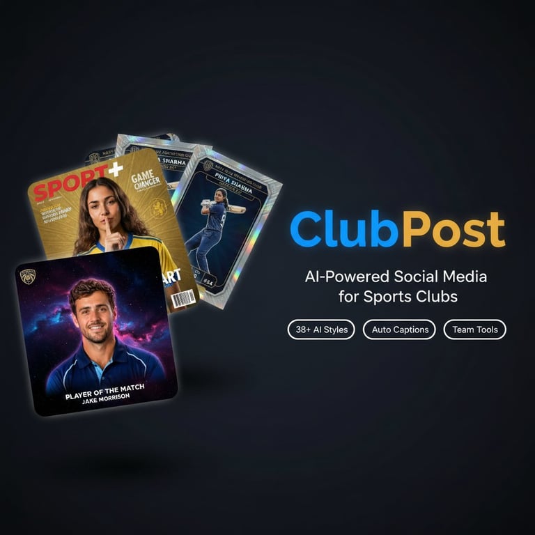 ClubPost AI-powered social media platform for sports clubs featuring customizable post templates and player showcase cards on dark background
